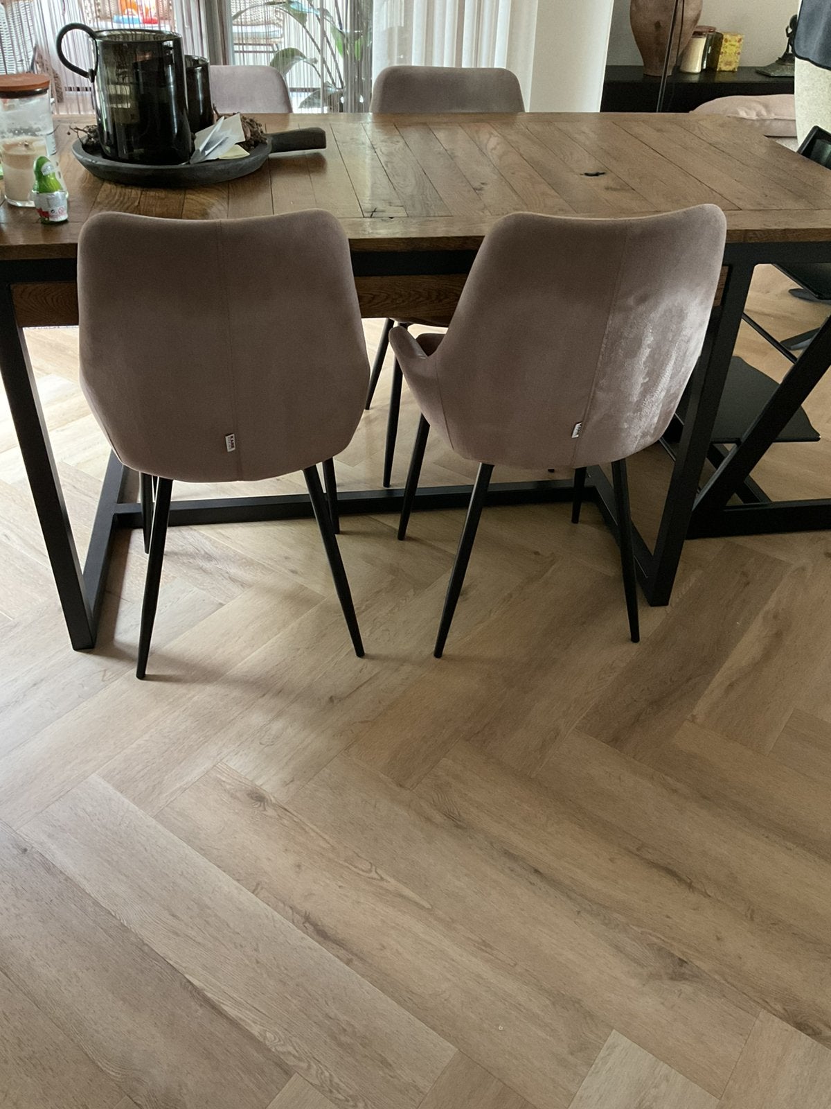 Te koop mooie eiken/ijzer eetkamertafel inclusief 4 stoelen., Ophalen, Gebruikt, Riviera maison, 50 tot 100 cm