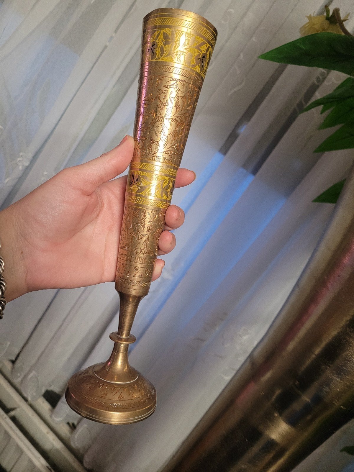 Vintage Indiase messing vaas met gravures, Ophalen of Verzenden