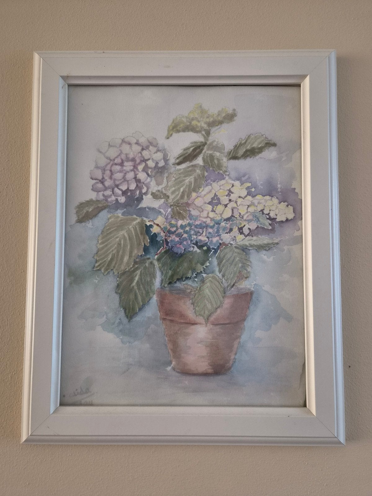 Schilderij met hortensia's in pot, aquarel, Ophalen