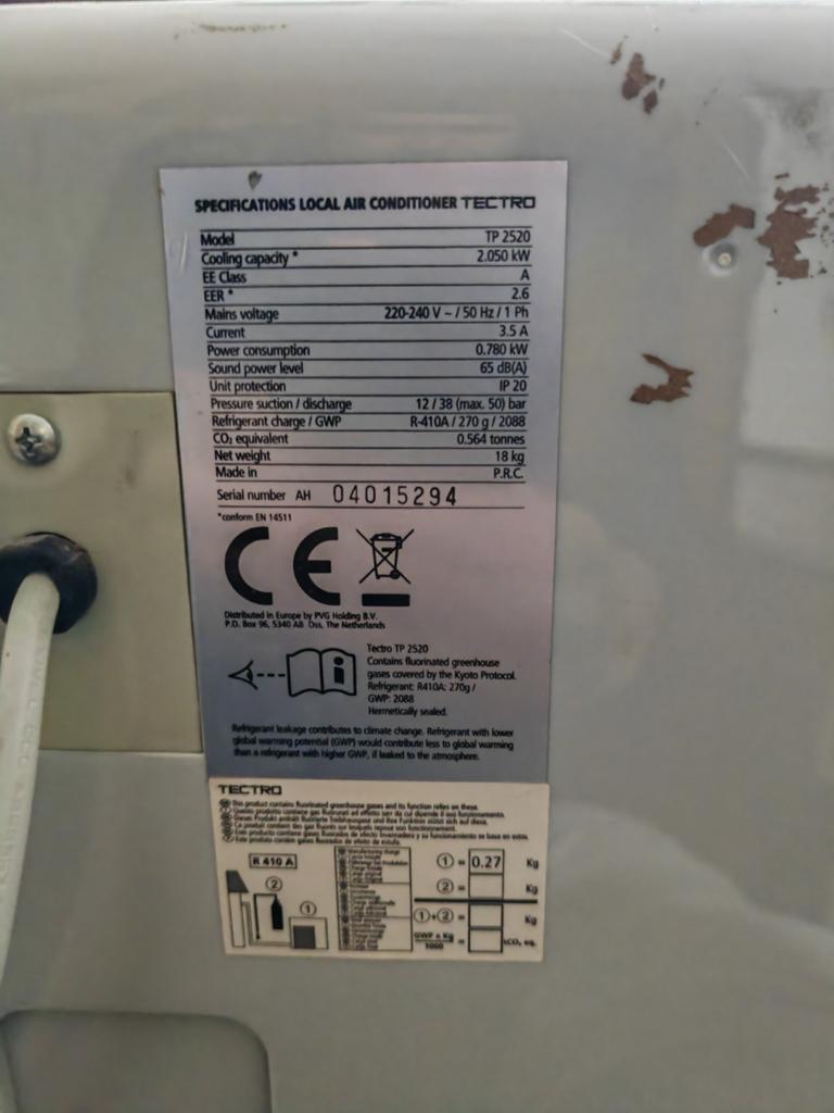 Mobiele airco TECTRO TP 2520 - Koelen en ontvochtigen, Ophalen, Gebruikt, Minder dan 60 m³, 3 snelheden of meer