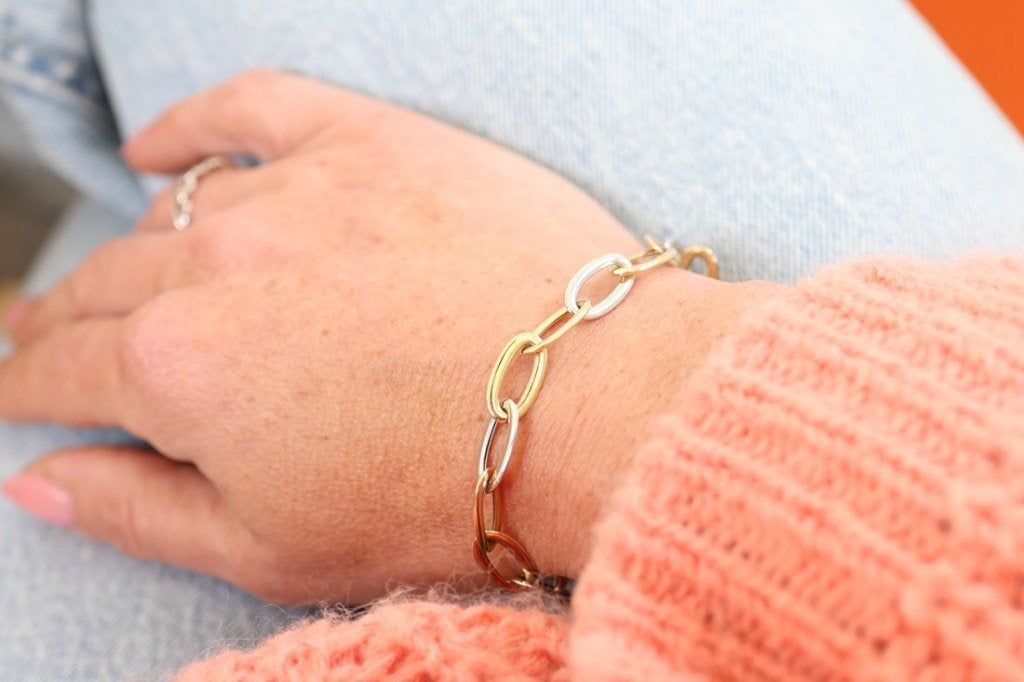 14 Karaat Bicolor Gouden Schakelarmband – 18 cm, Sieraden, Tassen en Uiterlijk, Armbanden, Ophalen of Verzenden, Zo goed als nieuw