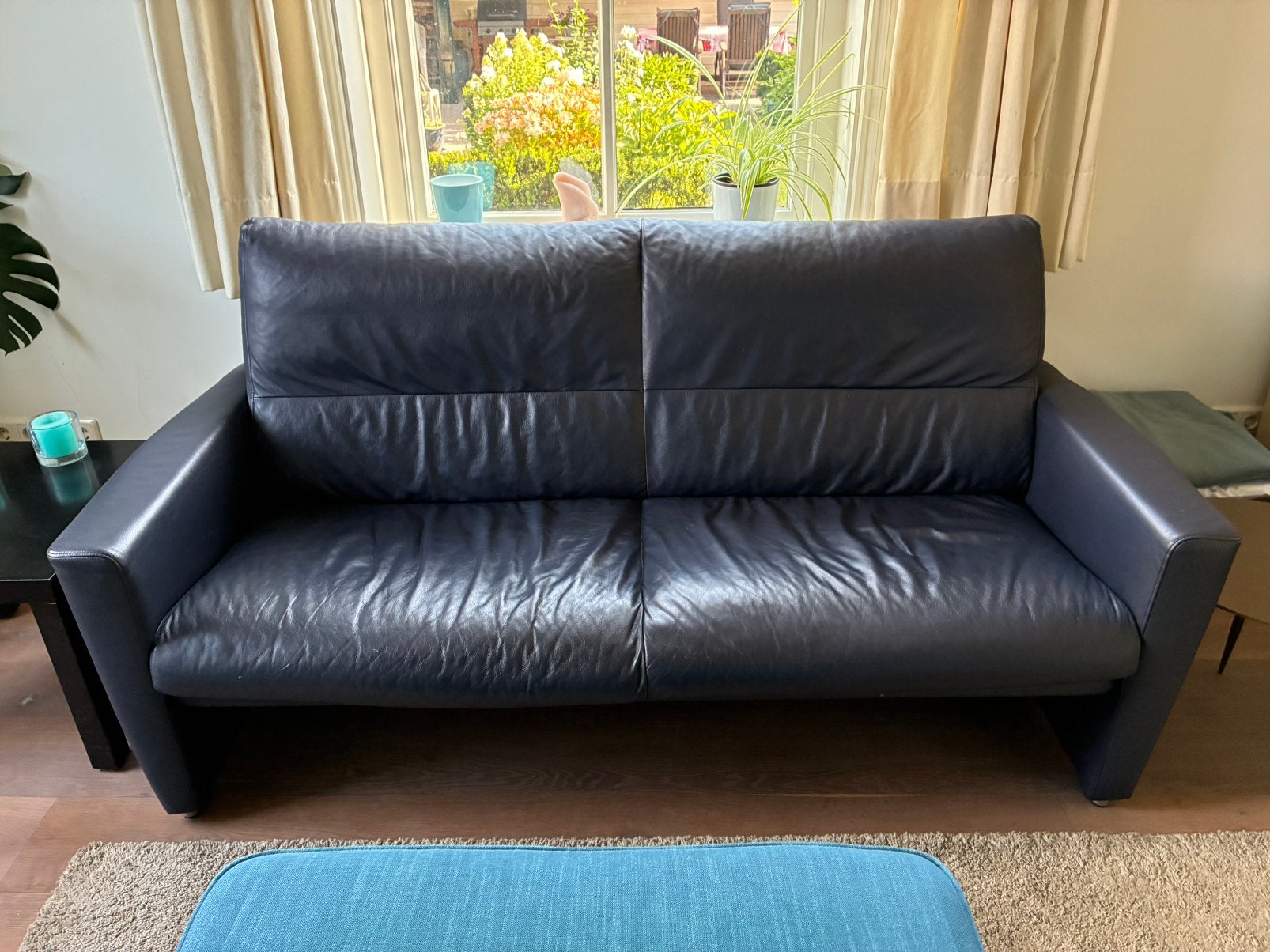 Leren bank, donkerblauw, Ophalen, Gebruikt, 150 tot 200 cm, Tweepersoons