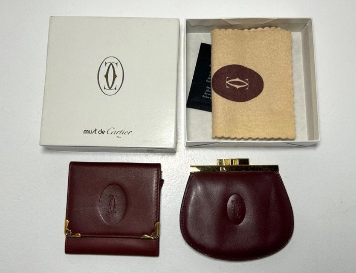 Vintage Must de Cartier Set - Geldbuidel & Mini Wallet, Sieraden, Tassen en Uiterlijk, Portemonnees, Overige merken, Bruin, Ophalen of Verzenden