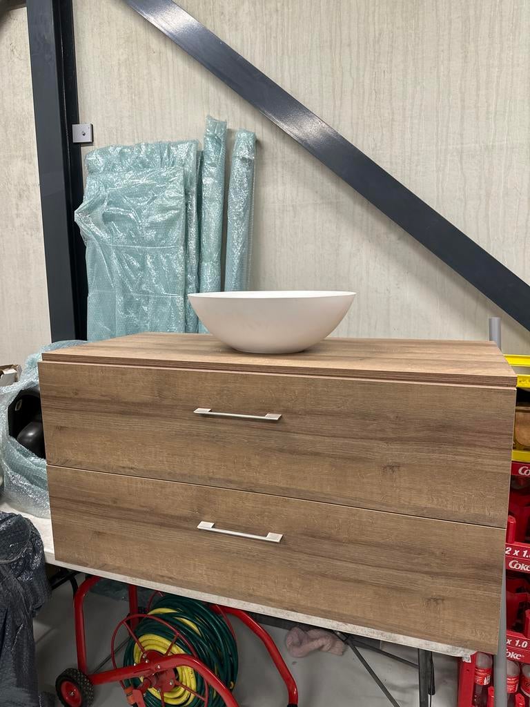 Wasmeubel eiken kleur met twee lades, Huis en Inrichting, Kasten | Ladekasten, Ophalen, Overige materialen, 100 tot 150 cm, 1 of 2 laden