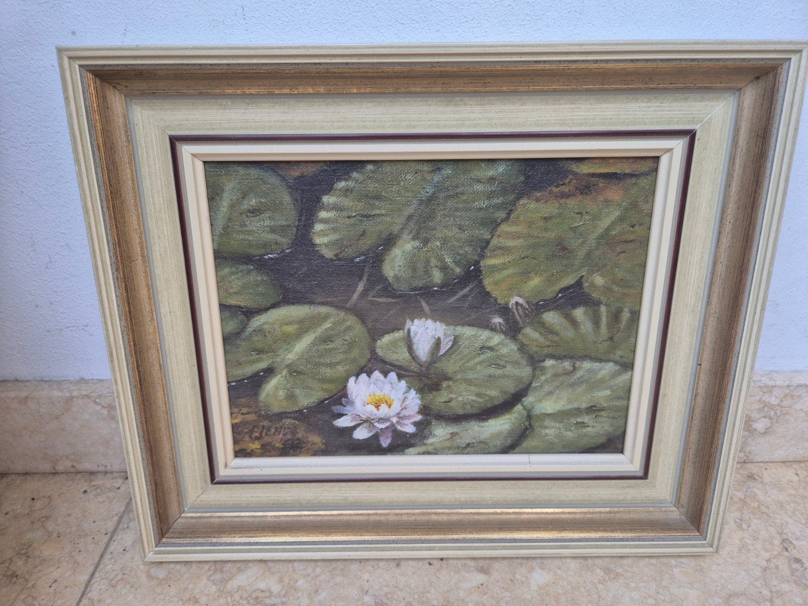 Schilderij waterlelies in lijst - 32.5 x 27.5 cm, Antiek en Kunst, Kunst | Schilderijen | Klassiek, Bloemen, Doek, Realistisch