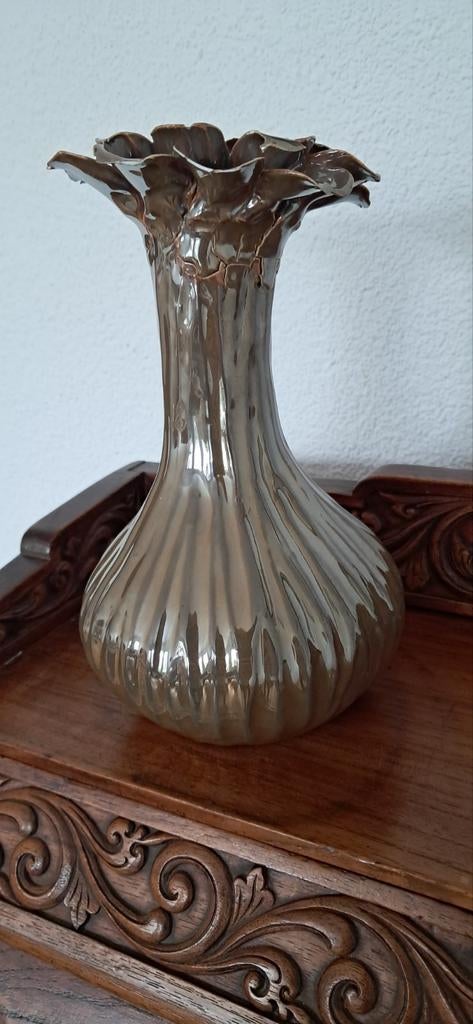 Antieke Kelkvaas - Bruin geglazuurd keramiek, 22x13cm, Ophalen of Verzenden