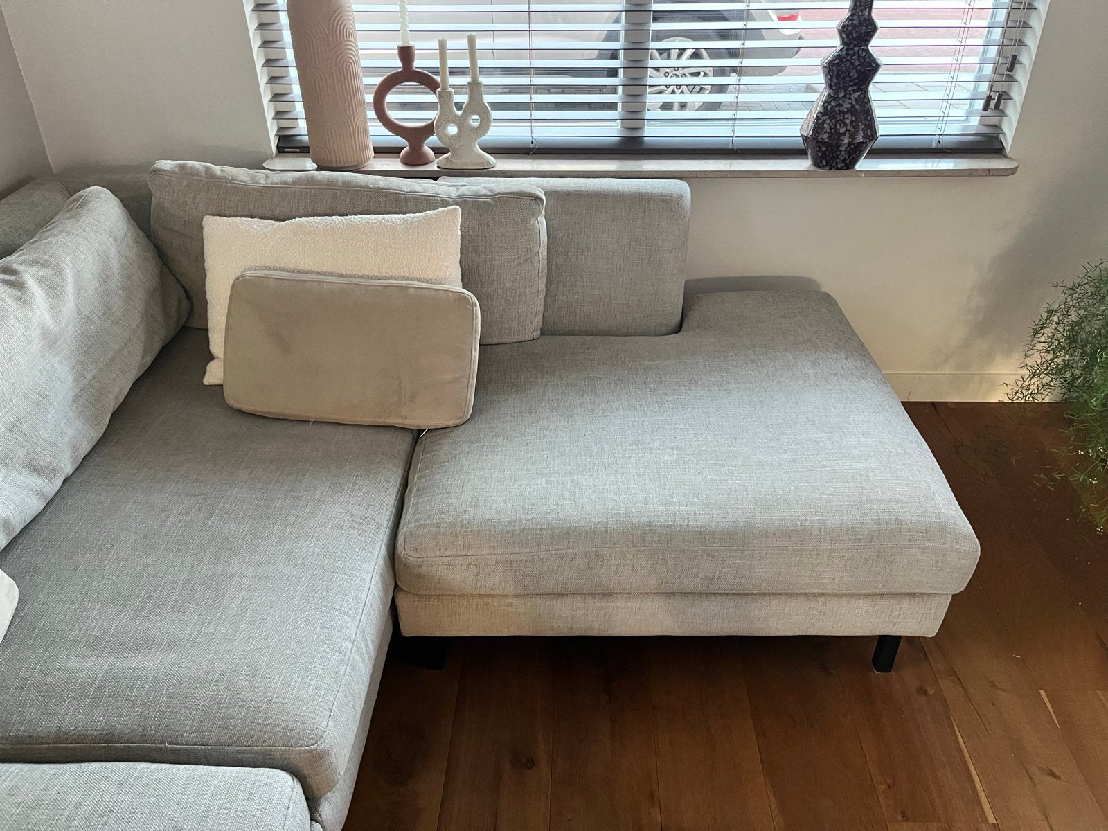Beige grijze hoekbank, Huis en Inrichting, Ophalen, 250 tot 300 cm, Gebruikt, Hoekbank