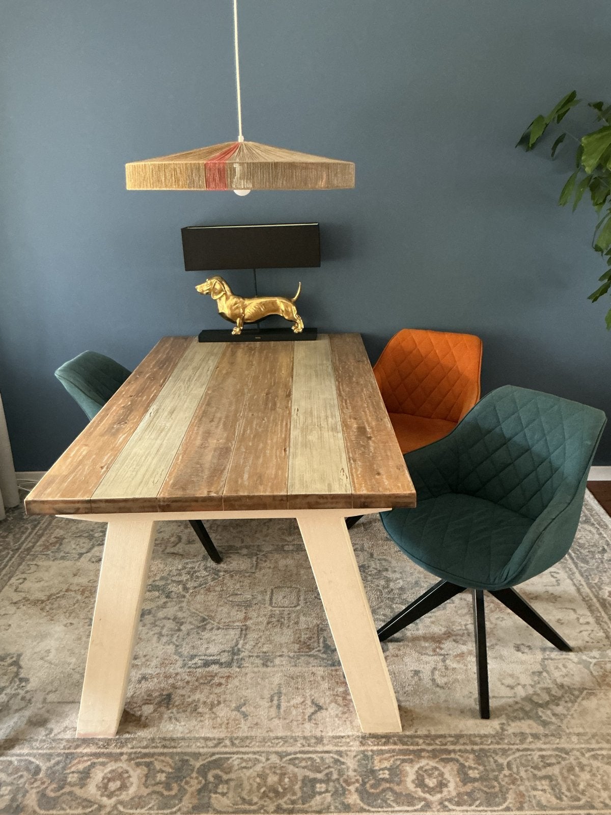 Eettafel met 4 stoelen (2x Oranje, 2x Petrol), Huis en Inrichting, Tafels | Eettafels, Ophalen, Gebruikt, 50 tot 100 cm, 150 tot 200 cm
