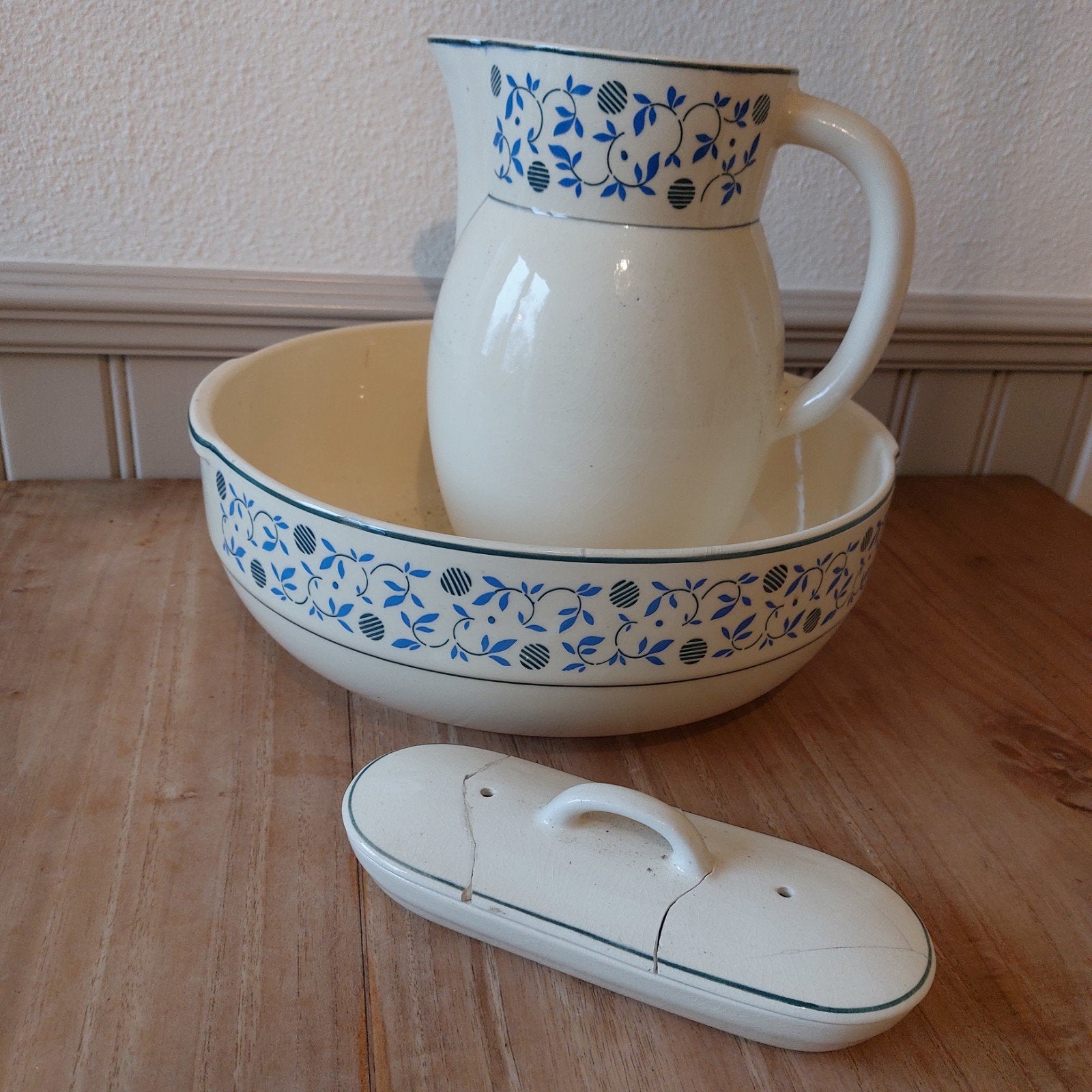 Antiek bidet set met kan en kom - Wit met blauw decor, Antiek en Kunst, Ophalen