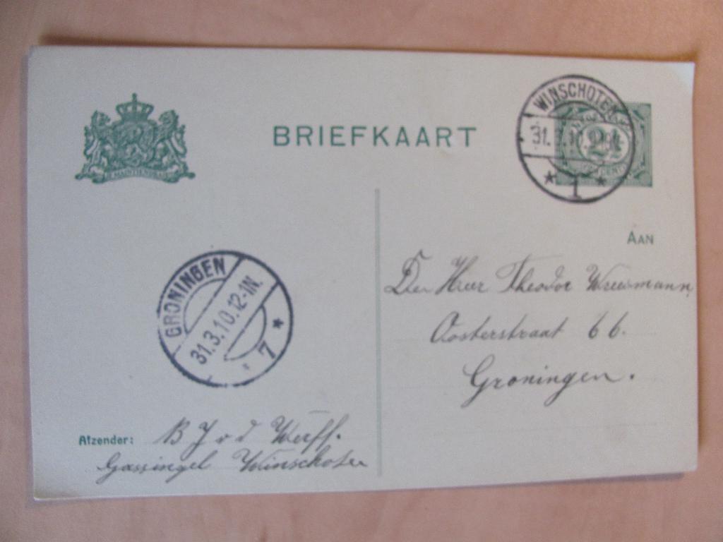 Winschoten 1910 van: J. v/d Werff, Gassingel, Ophalen of Verzenden, Briefkaart