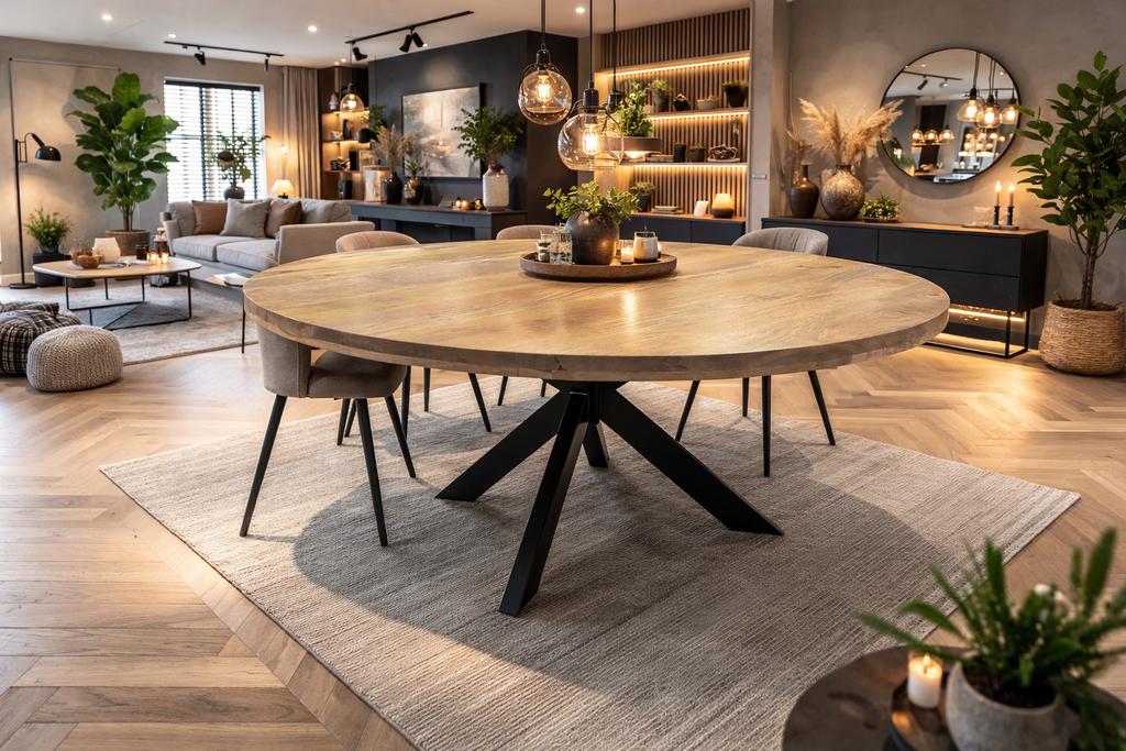 Ronde tafel van massief mangohout 150cm showmodel, Ophalen, Industrieweg 25, 100 tot 150 cm, Rj