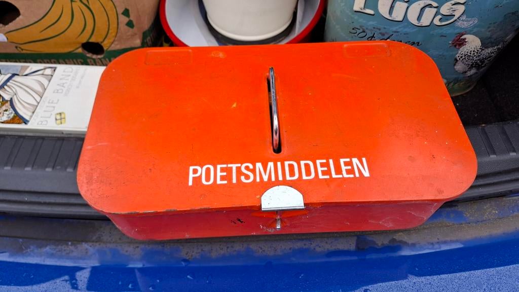 Oranje Brabantia schoenpoetsdoos met inhoud retro vintage, Verzamelen, Ophalen of Verzenden, Huis en Inrichting