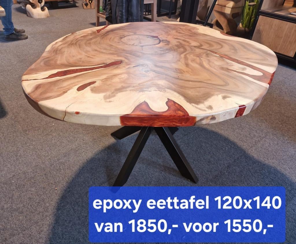 Unieke epoxy eettafel! Suar boomstam blad rond 120x140x78 cm, Industrieel suar interieur, Info@industrieel-suar-interieur.nl, Overige materialen