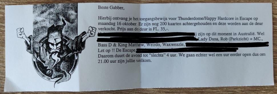 Entree ticket voor Thunderdome in Escape 1995, Ophalen of Verzenden, Gebruikt
