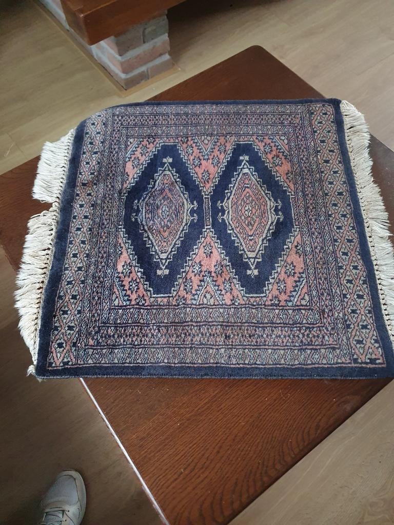 Vintage Perzisch tafeltapijt blauw/roze tinten, 60x60 cm, Ophalen, 50 tot 100 cm, Vierkant, 50 tot 100 cm