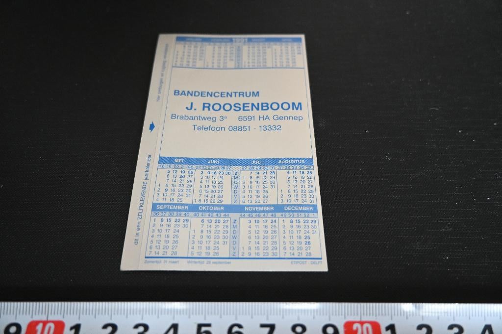 sticker Kalender 1991 Gennep Bandencentrum J. Roosenboom *, Ophalen, Zo goed als nieuw