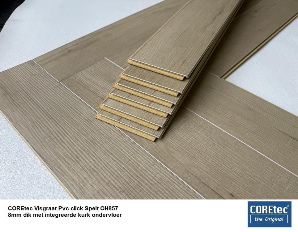 8mm dik Visgraat Pvc klik Spelt  kurk integreerde ondervloer, 75 m² of meer, Beige, 8mm dik Visgraat Pvc click met integreerde kurk ondervloer