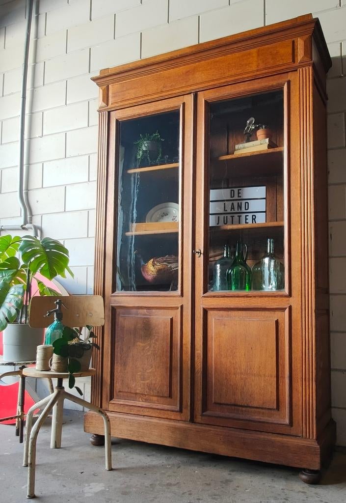 Vintage/Art deco eiken buffetkast, jaren '20-'30 schoolkast, Glas, 100 tot 150 cm, 200 cm of meer, Ophalen of Verzenden