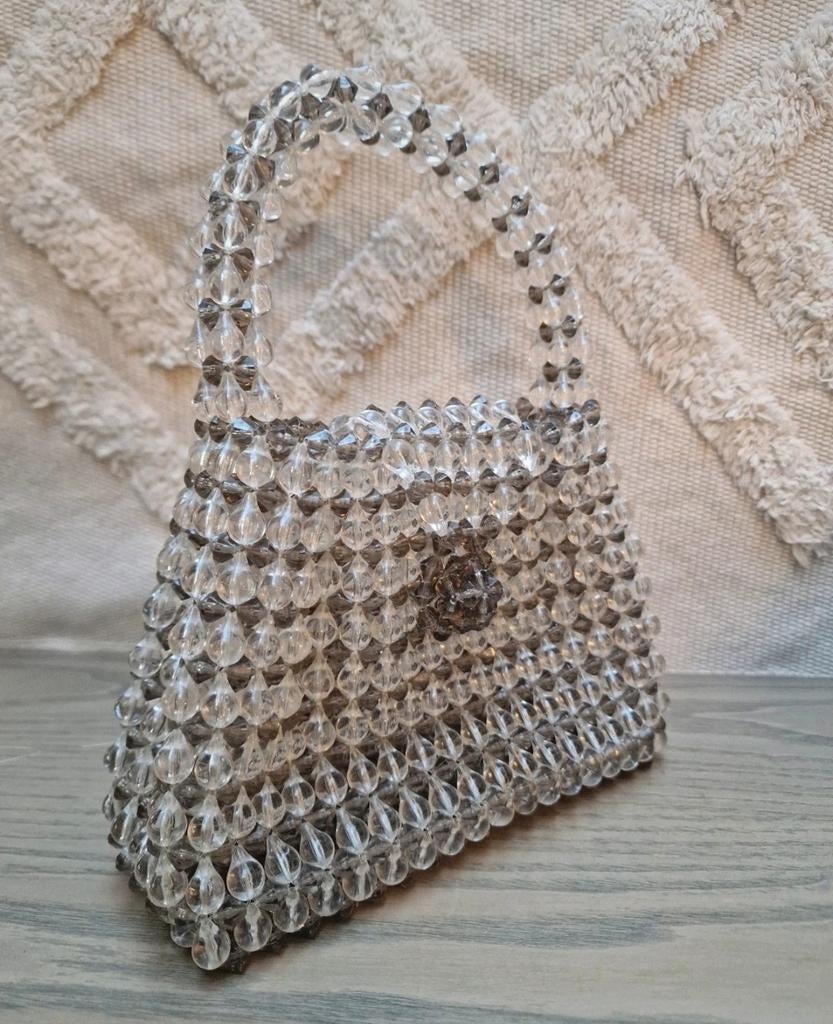Vintage '60 combi grijze/doorzichtige kralen handtas, Verzenden, Handtas