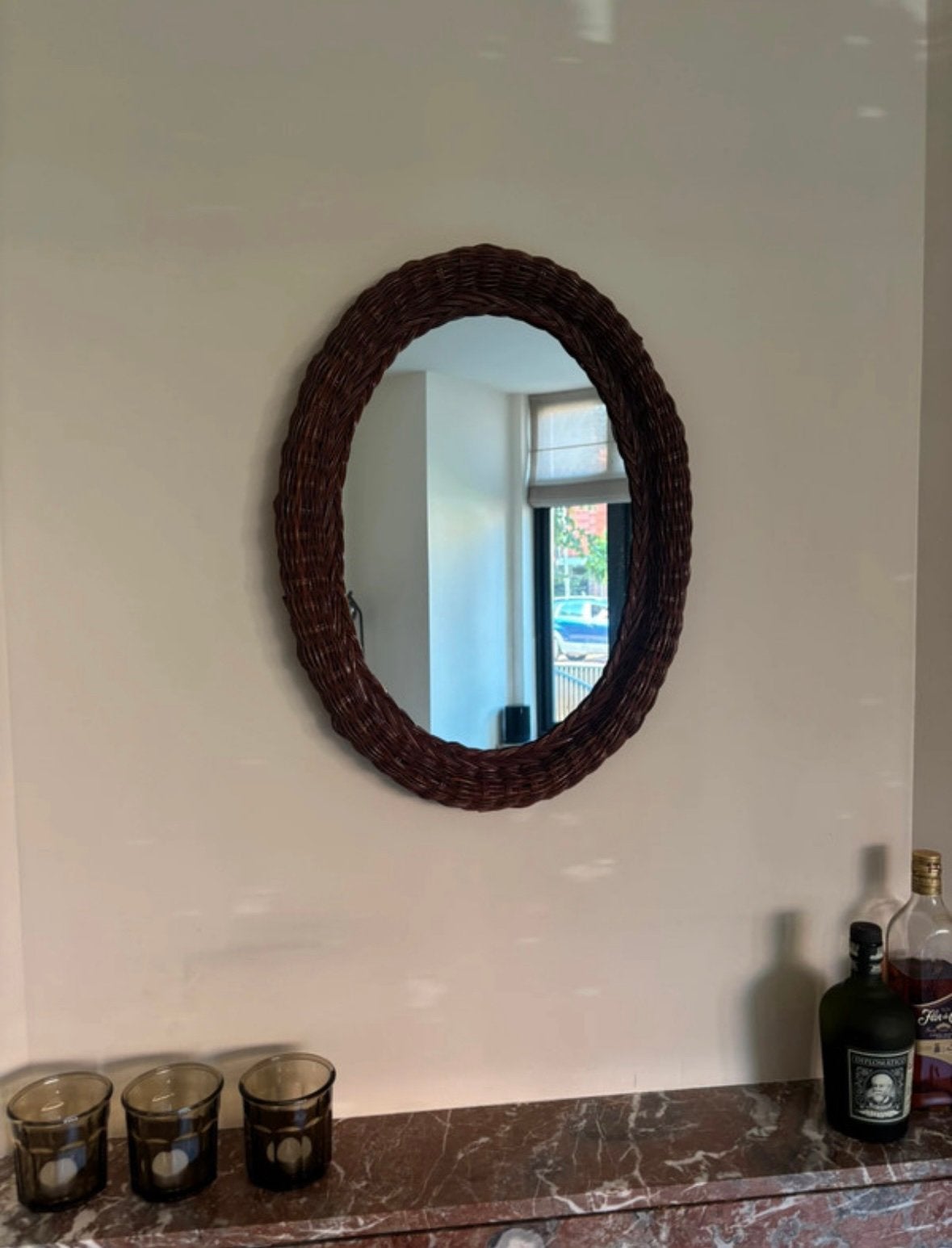 Prachtige Vintage Rotan Spiegel - Ovaal - Handgevlochten, Minder dan 50 cm, Gebruikt, Ophalen of Verzenden, Minder dan 100 cm