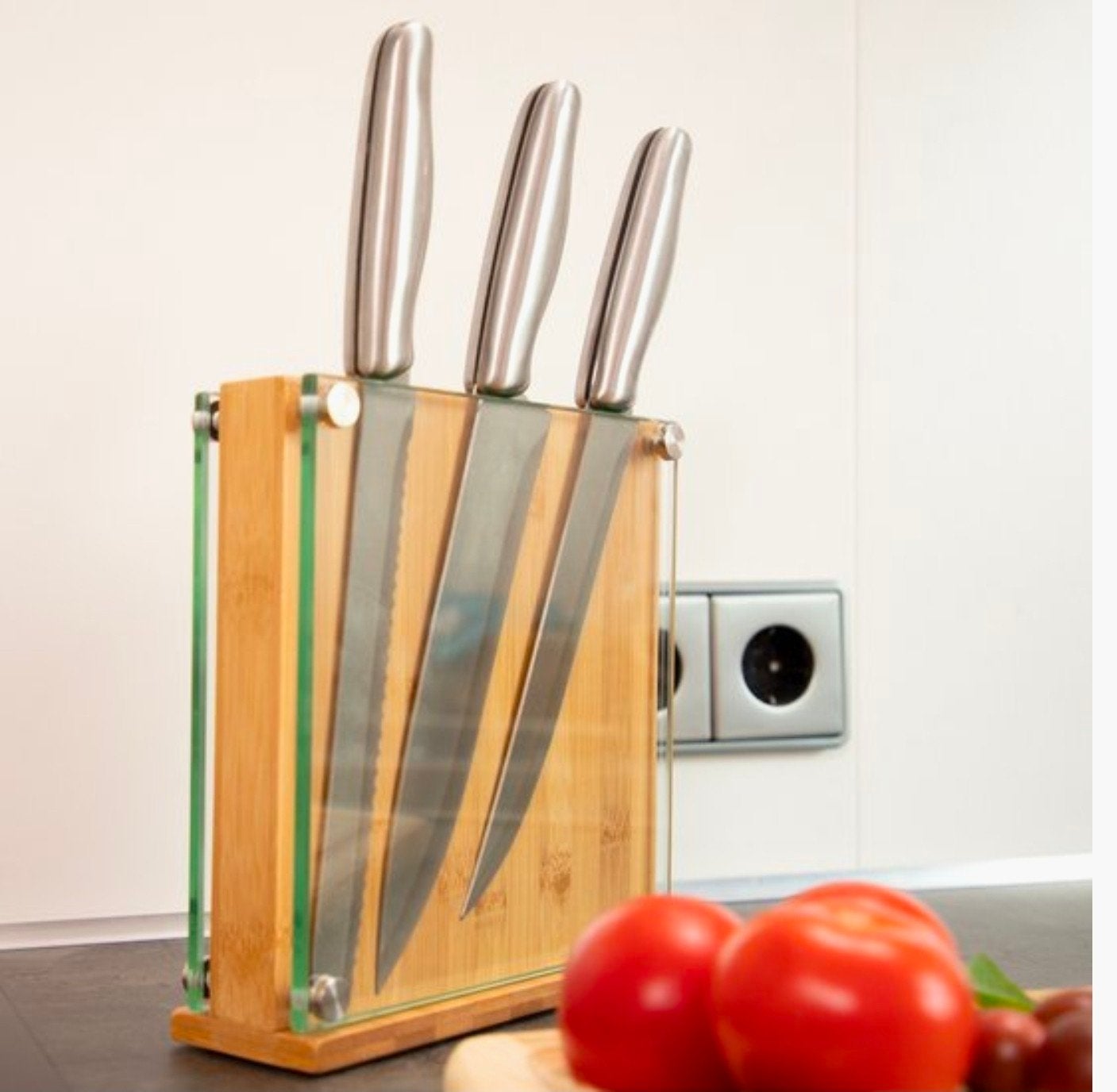 bamboe messenblok met glas voor 8 messen Nieuw Knife Holder, Overige materialen, ., Nieuw, Ophalen of Verzenden