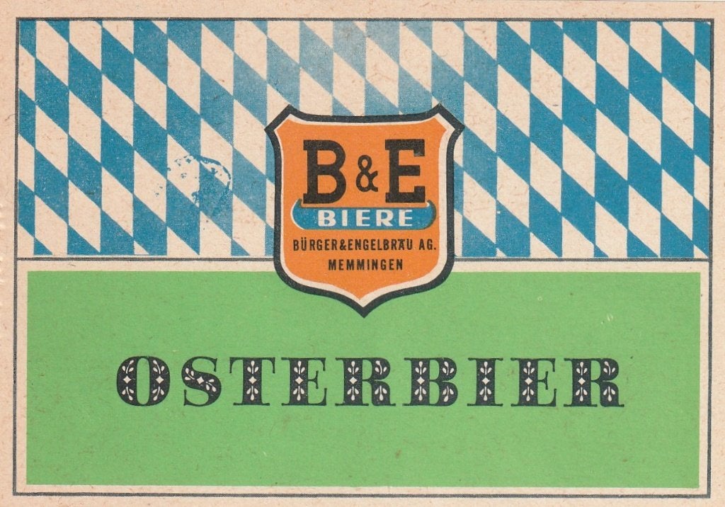 oud bieretiket Duitsland B&E Memmingen Osterbier, Verzamelen, Biermerken, Verzenden, Zo goed als nieuw, Overige typen, Overige merken