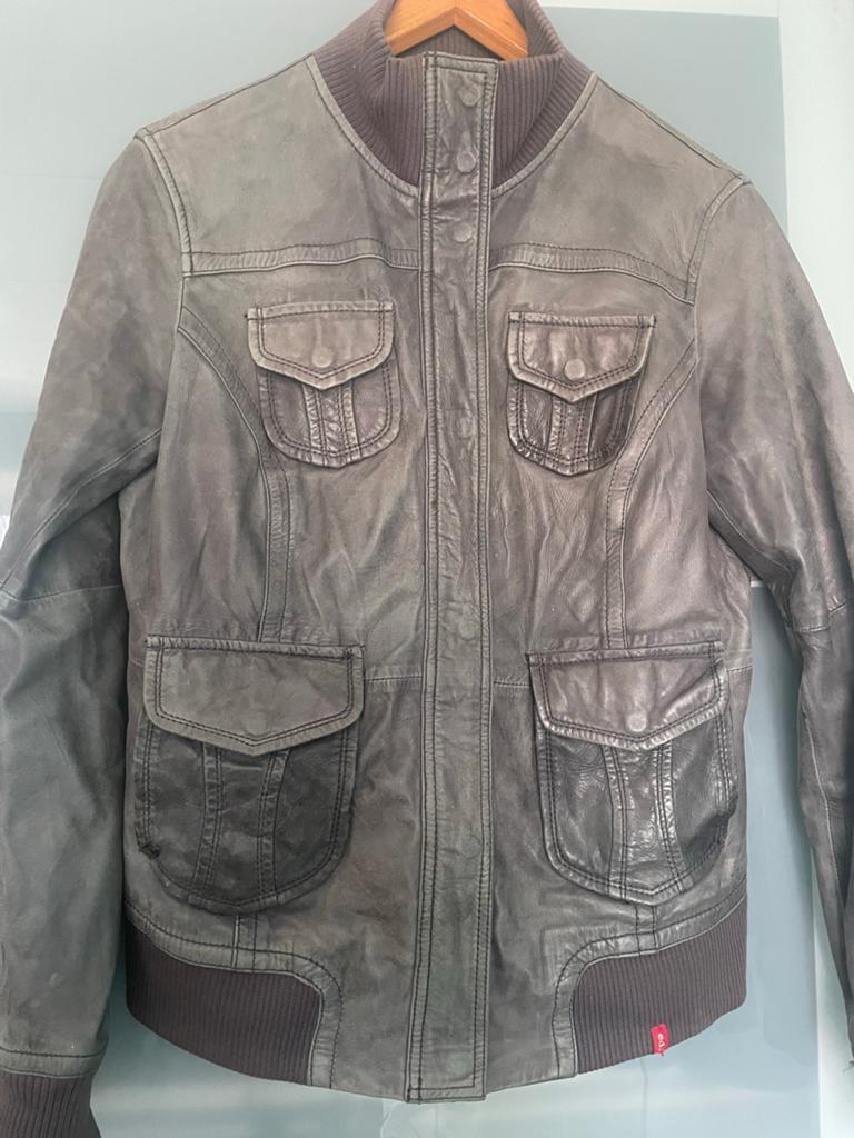 Stoere grijze leren jas van EDC by Esprit, maat XL, Ophalen of Verzenden, Gedragen, Maat 46/48 (XL) of groter, Grijs