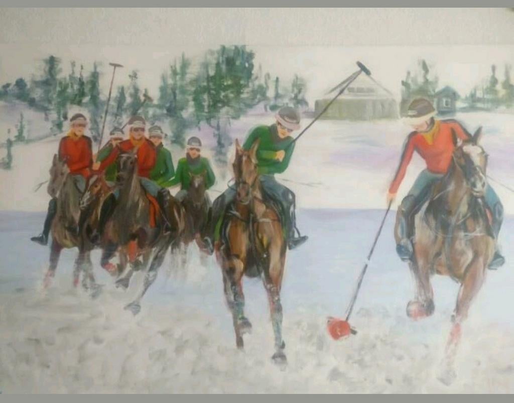 Schilderij paarden polo in Sankt Moritz, Ophalen of Verzenden