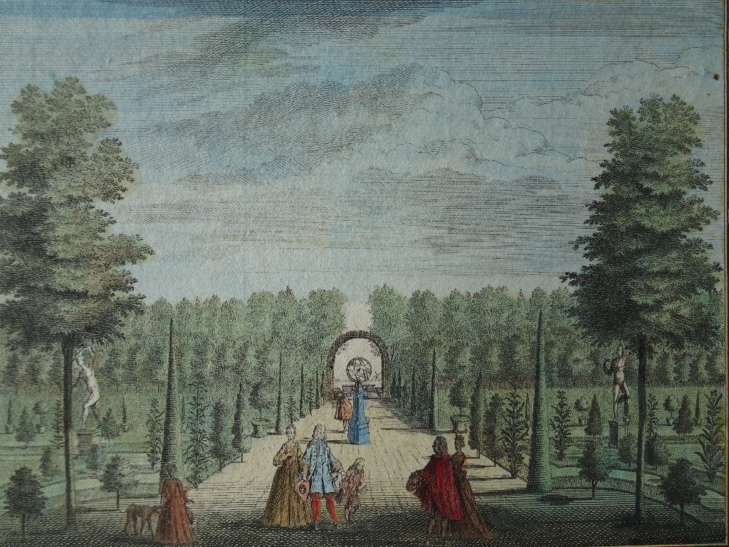 Gravure kleur buiten Merenburg Amsterdam D. Stoopendaal 1711, Antiek en Kunst, Verzenden, Gravure, Origineel, Landschap