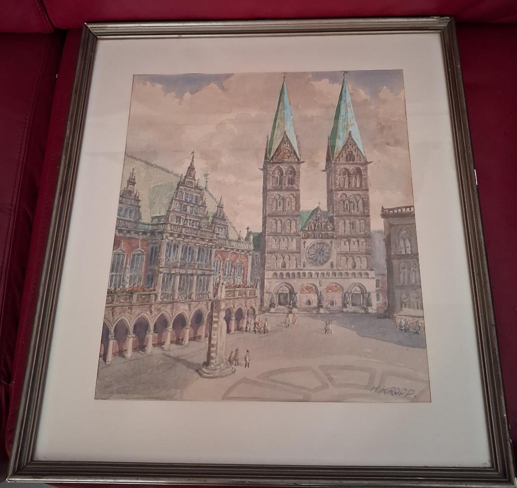 Original Aquarell Bremen Marktplatz Heinrich Kropp 1900-1982, Antiek en Kunst, Ophalen