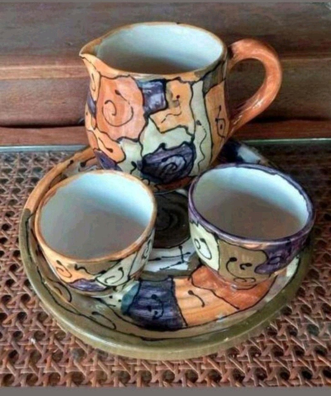 Vintage Keramieken Koffiekan met Mokken - Uniek Servies, Antiek en Kunst, Ophalen of Verzenden