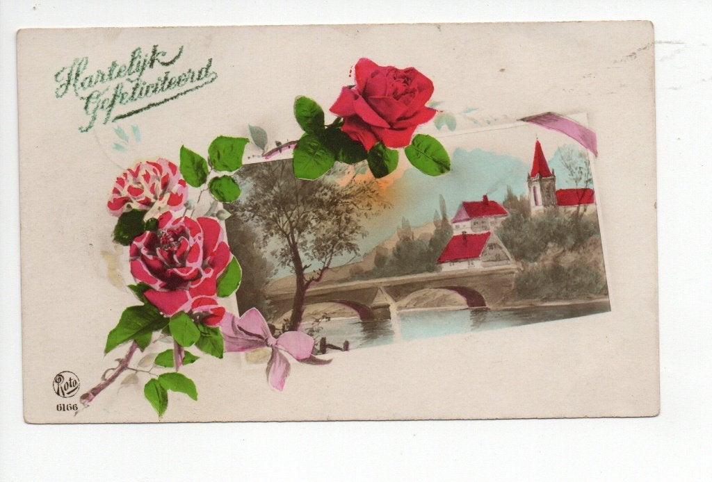 Oude ansichtkaart: Hartelijk Gefeliciteerd met rozen. 1929, Ophalen of Verzenden, 1920 tot 1940, Gelopen