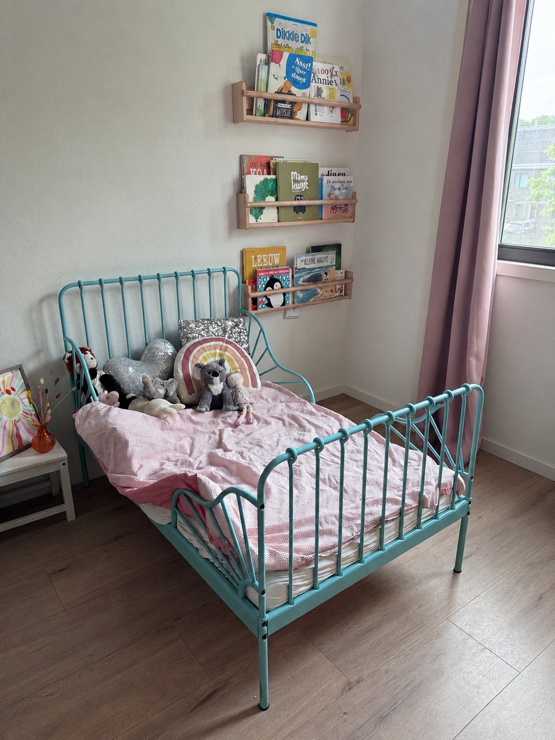 IKEA Minnen blauw meegroeibed met matras en lattenbodem, Ophalen, Gebruikt, 70 tot 85 cm, Lattenbodem