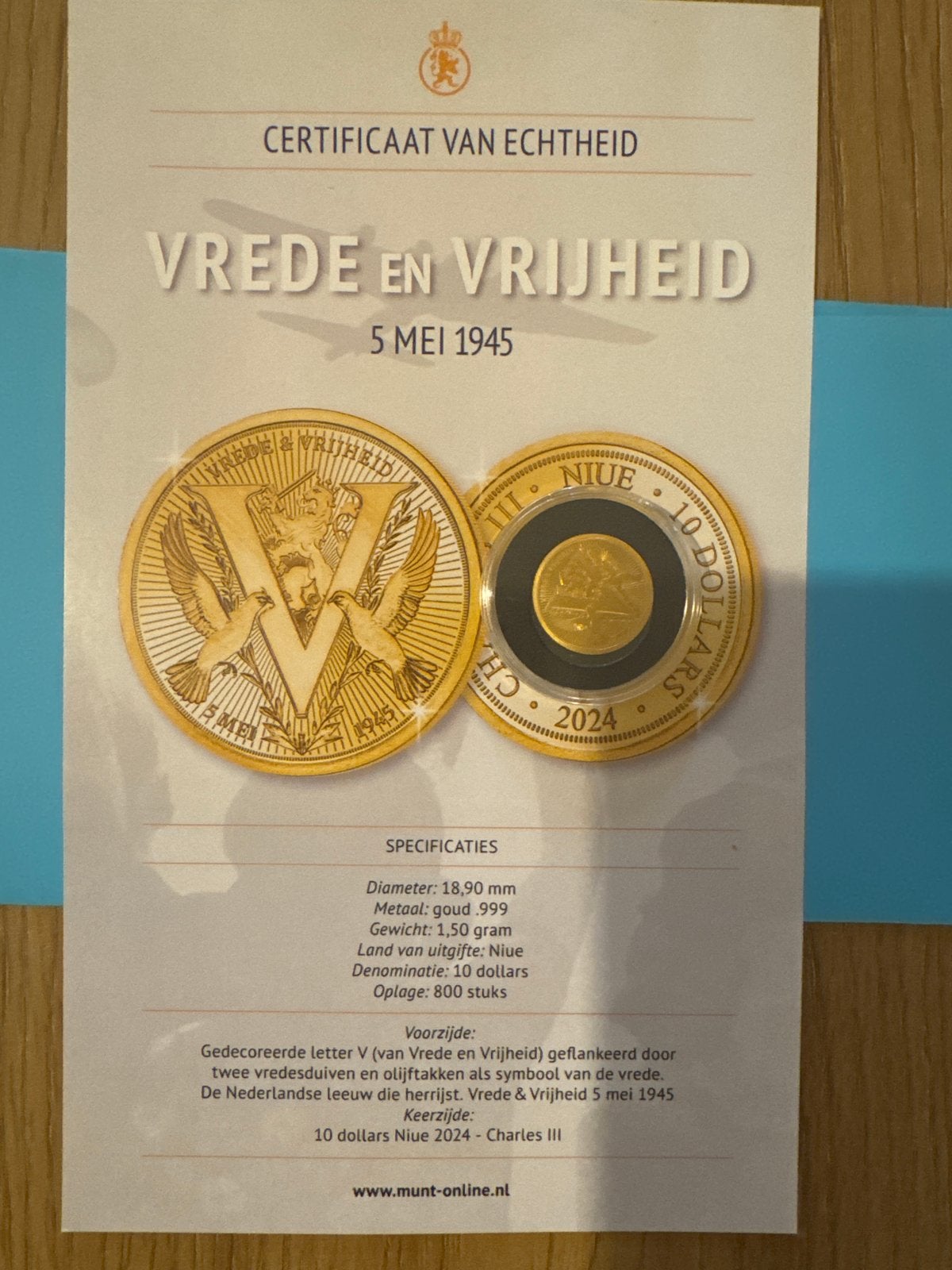 Gouden Vrede en Vrijheid 5 Mei 1945 munt - Niue 2024, Ophalen, Losse munt, Goud