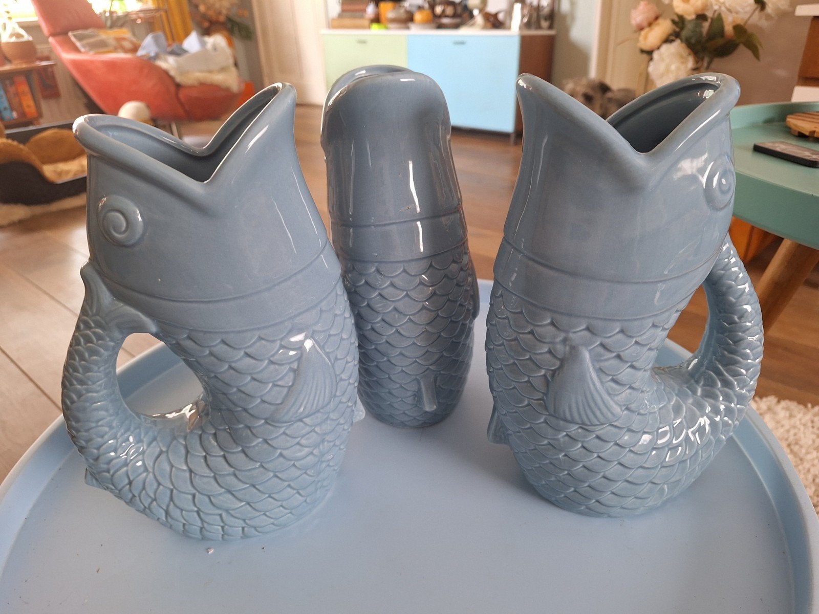Set van 3 Franse keramiek vissen waterkannen, 25 cm, Huis en Inrichting, Woonaccessoires | Vazen, Gebruikt, Ophalen of Verzenden