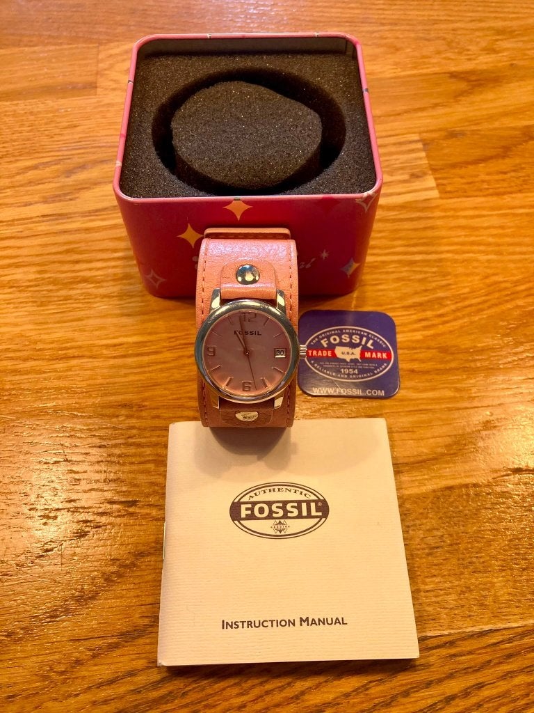 Fossil roze horloge met leren band, Sieraden, Tassen en Uiterlijk, Staal, Fossil, Polshorloge, Ophalen of Verzenden
