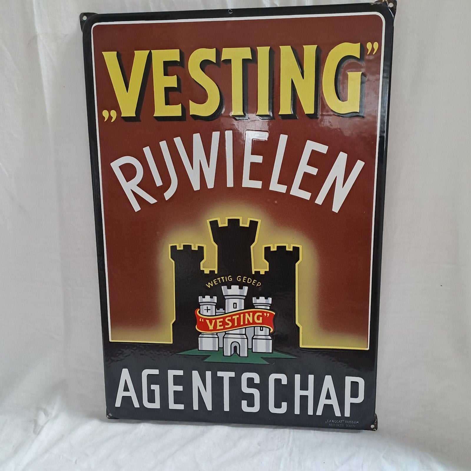 Vesting rijwielen emaille reclamebord Langcat 69x48cm, Ophalen, Zo goed als nieuw, Reclamebord