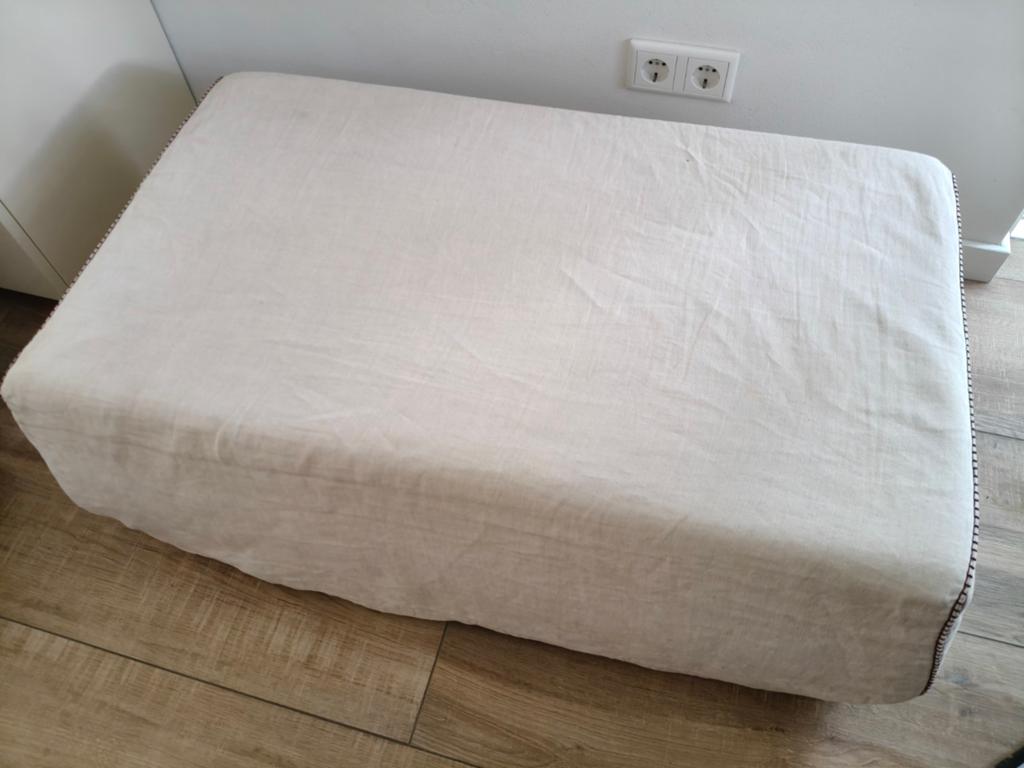 Hocker poef voetenbank met linnen hoes, design modern, Modern, Comfortabel, Gebruikt, 100 tot 125 cm, Ophalen of Verzenden