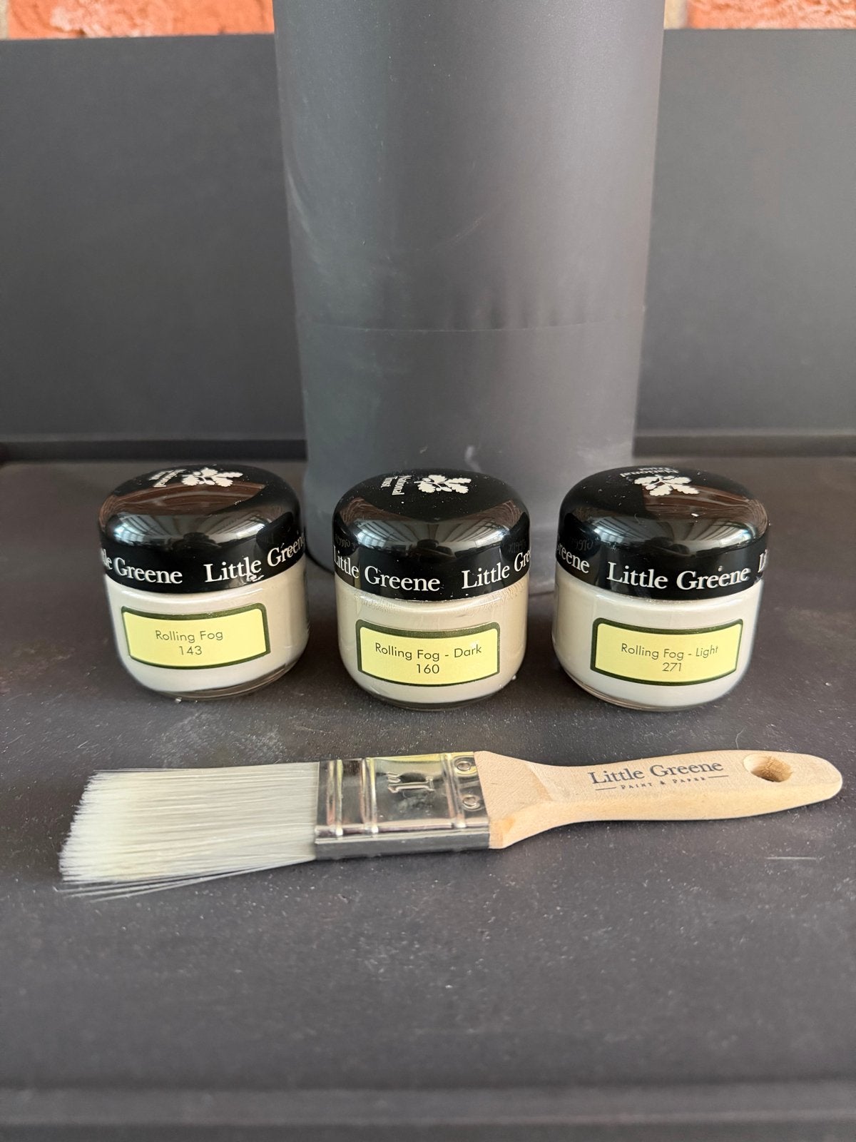 Little Greene Rolling Fog verf testers + kwast, Beige, Ophalen of Verzenden, Minder dan 5 liter, Verf