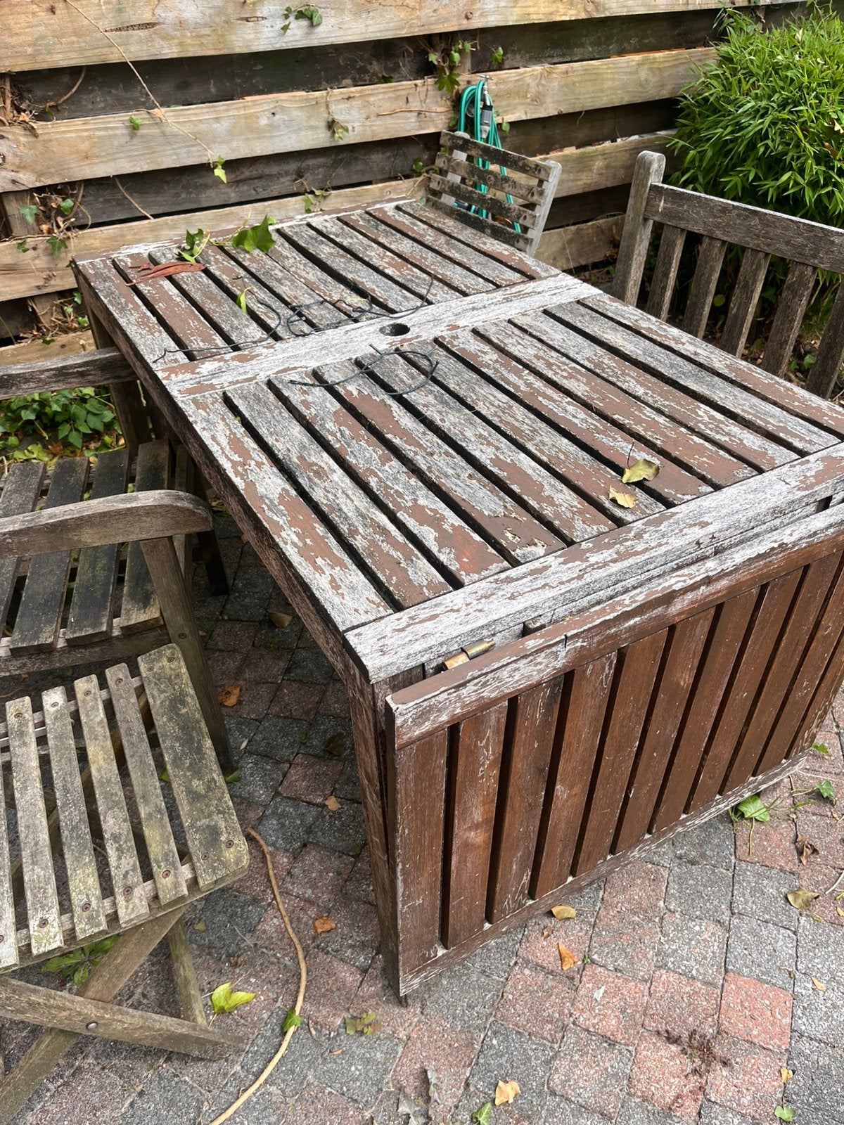 Tafel en vier stoelen, Tuin en Terras, Ophalen, Gebruikt, Teakhout