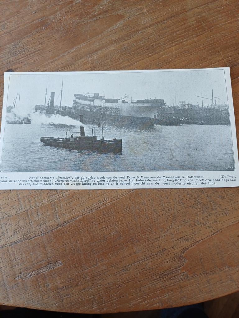 Knipsel stoomschip Djember Rotterdamse Lloyd 1914, Ophalen of Verzenden, Gebruikt, Kaart, Foto of Prent