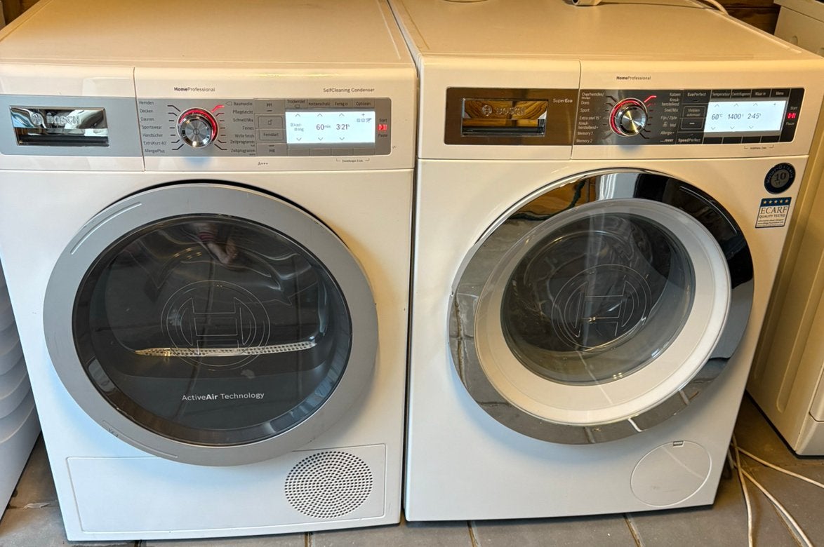 Bosch home professional RVS SET wasmachine + droger A+++, 8 tot 10 kg, Ophalen, Zo goed als nieuw, 85 tot 90 cm