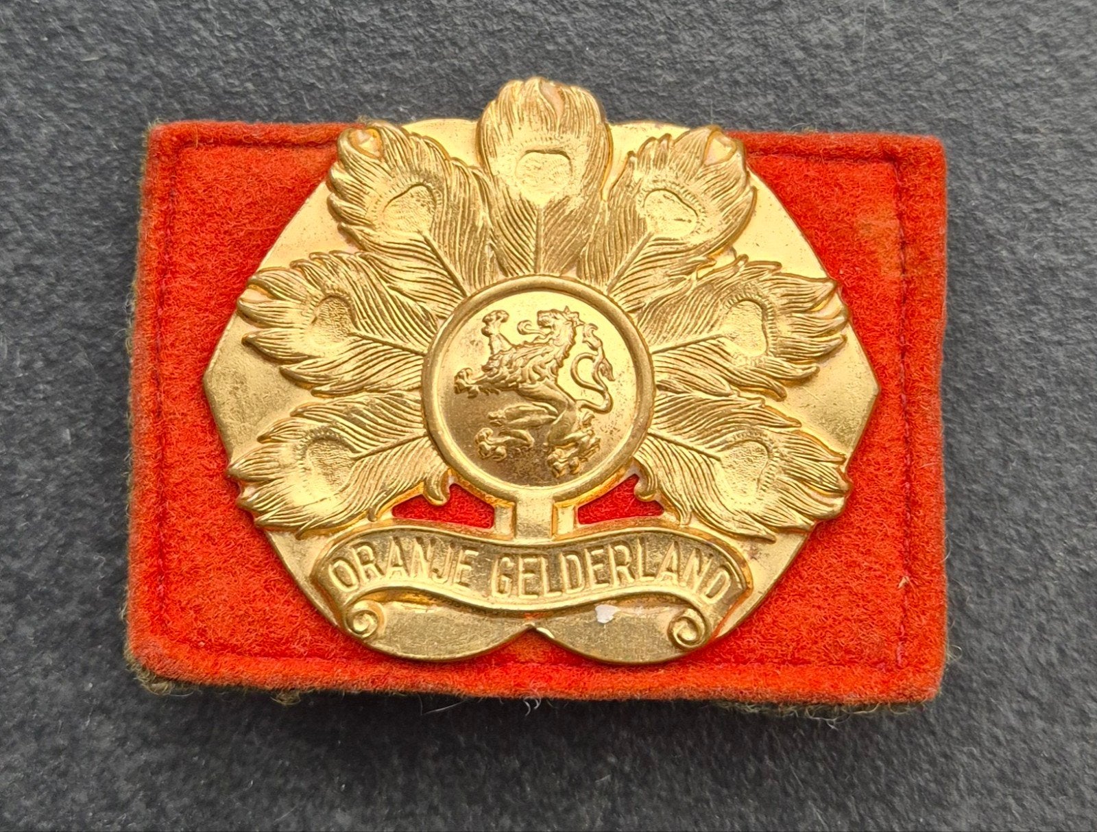 Baretembleem Oranje Gelderland, kleermakers achtergrond, Verzenden, Landmacht, Nederland, Embleem of Badge