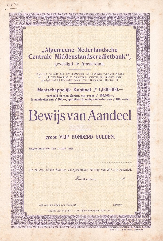 ALGEMEENE NEDERLANDSCHE CENTRALE MIDDENSTANDSCREDIETBANK, Ophalen of Verzenden, Aandeel