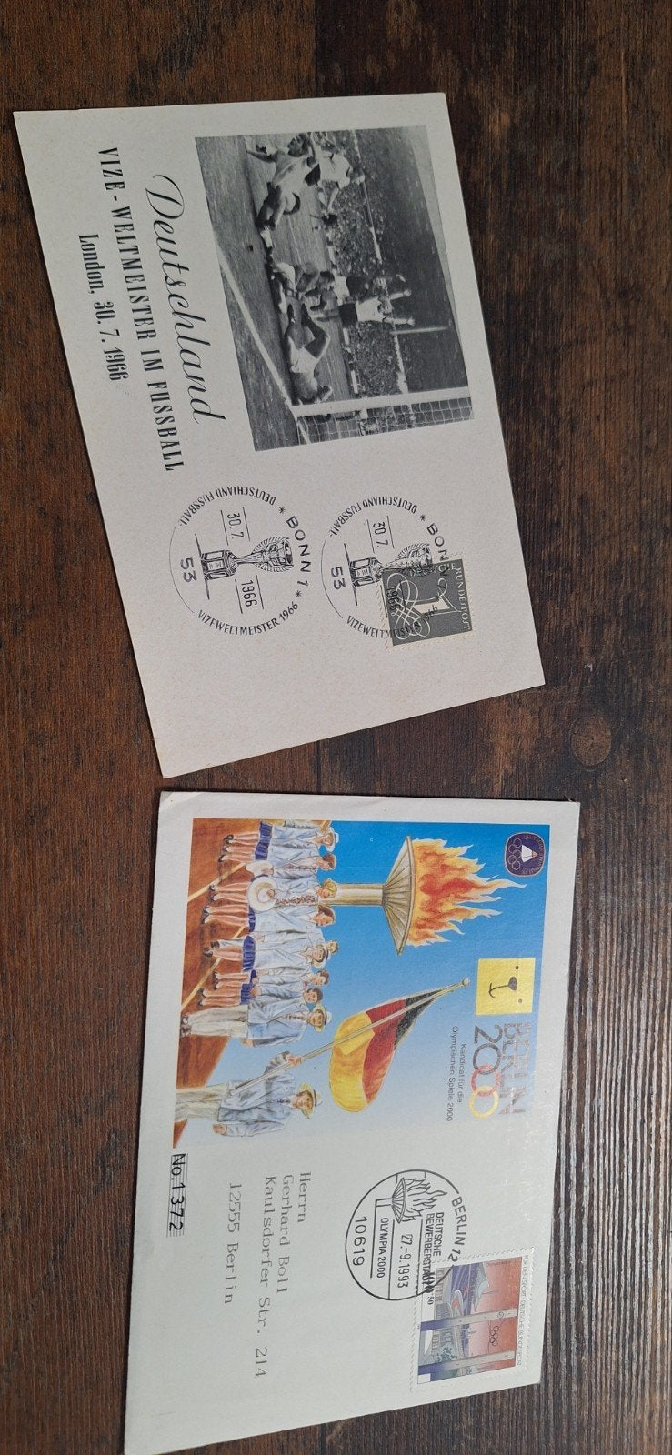 2 Duitse 1e Dag Covers: WK Voetbal 1966 & Olympische Spe, Verzamelen, Ophalen of Verzenden