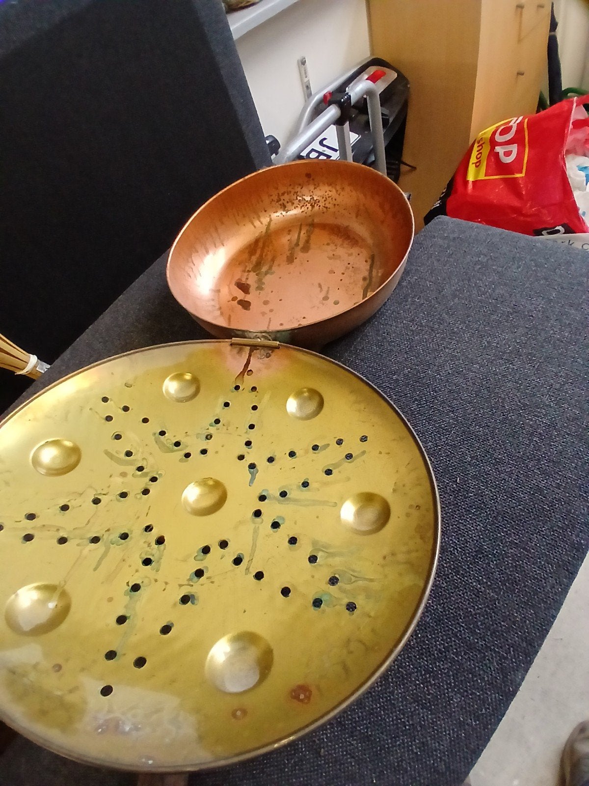 Antieke Koperen Beddenpan met Houten Steel, Ophalen, Koper