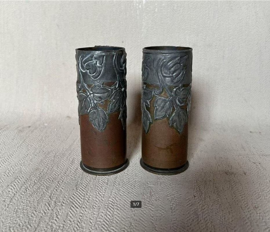 wo1 - 3,7cm Krupp Sockelflak hulzen trench art - LEEG, Ophalen of Verzenden, Landmacht, Duitsland, Hulzen of Bodemvondsten
