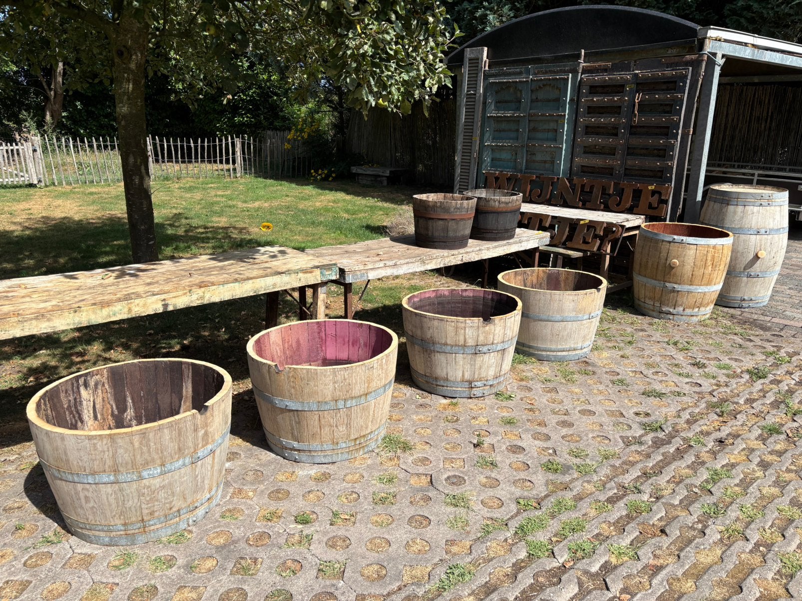 Half eiken wijnvat - plantenbak - regenton, Tuin en Terras, Ophalen, Gebruikt, 75 tot 150 liter, Nvt