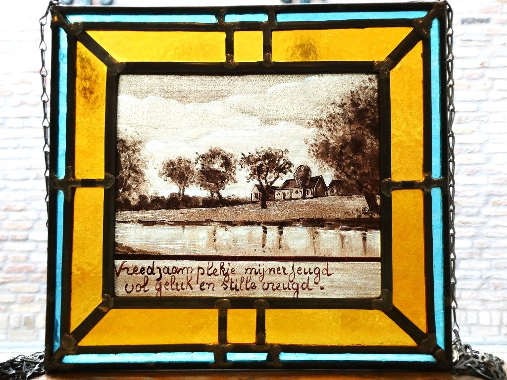Glas in lood met spreuk vreedzaam plekje mijner jeugd vol .., Ophalen of Verzenden