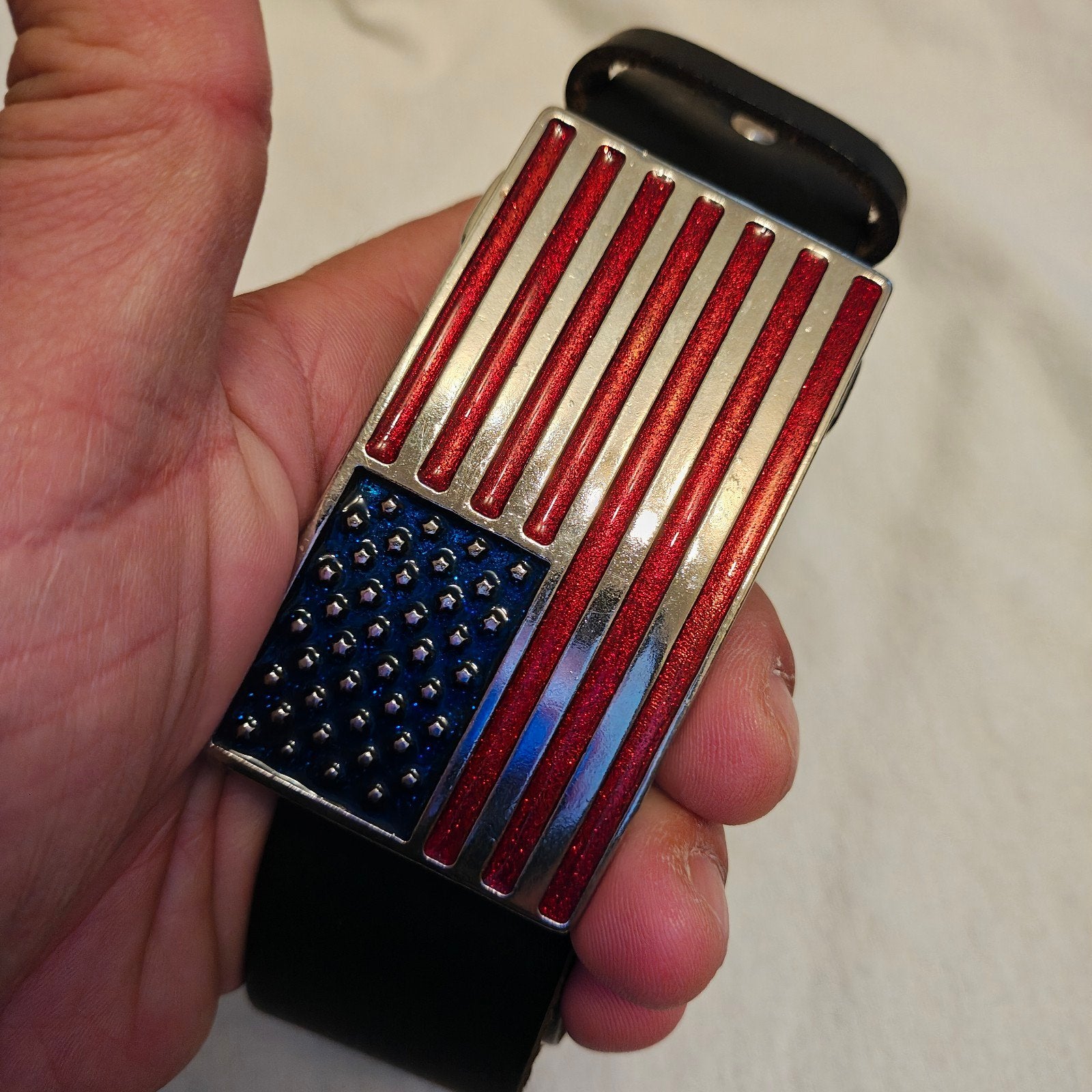 Zwarte TimBelt leren riem met Amerikaanse vlag gesp, Minder dan 95 cm, Timbelt, Ophalen of Verzenden, Zo goed als nieuw